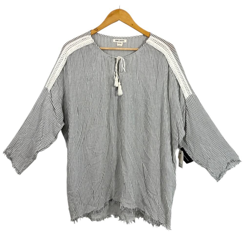 NWT Billabong Women’s Boho Top Black White Striped Distressed Blouse Size M